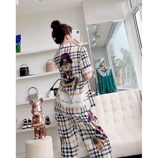 PYJAMA CỘC DÀI XƯỢC HOẠ TIẾT GẤU NÓN CAO CẤP