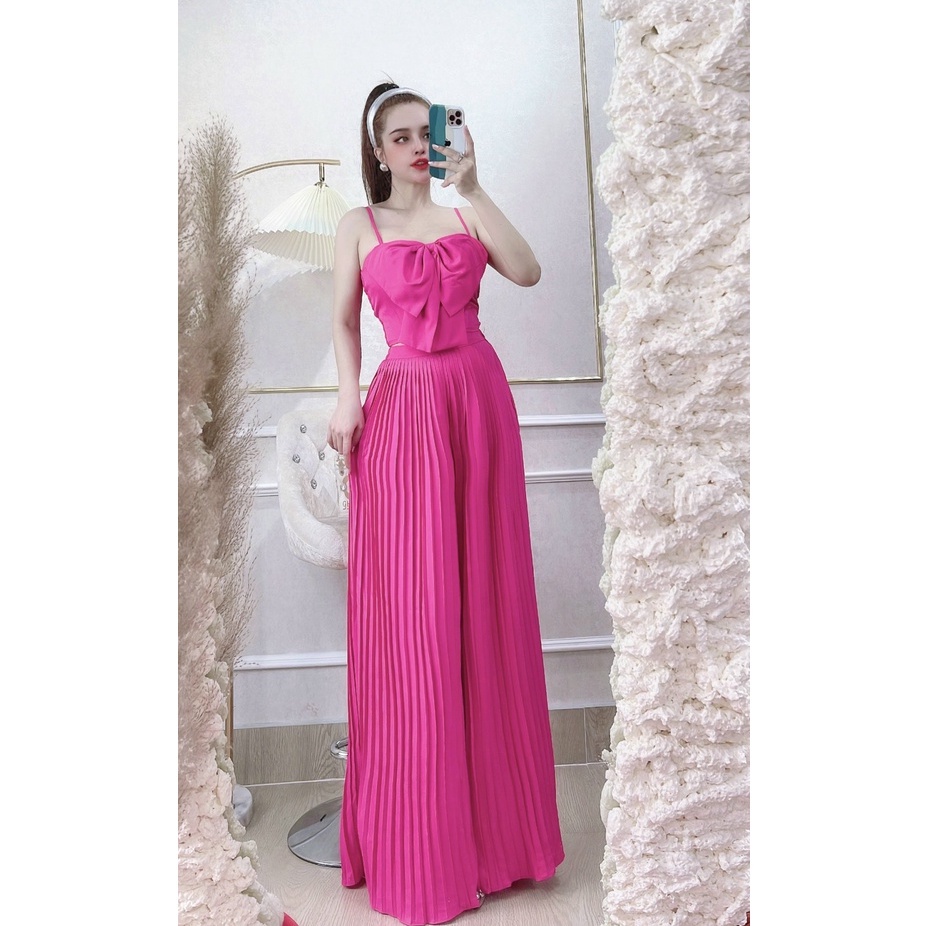 Set Bộ Nữ Thời Trang Nhistore Quần Dài Ống Suông Dập Ly Áo Hai Dây Croptop Bo Thun Đính Nơ Fressize