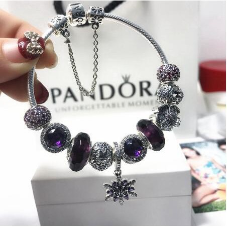 PANDORA Bộ Vòng Tay Mạ Bạc 925 Đính Pha Lê Hình Bông Tuyết Kèm Hộp Đựng Thời Trang Cho Nữ0215631