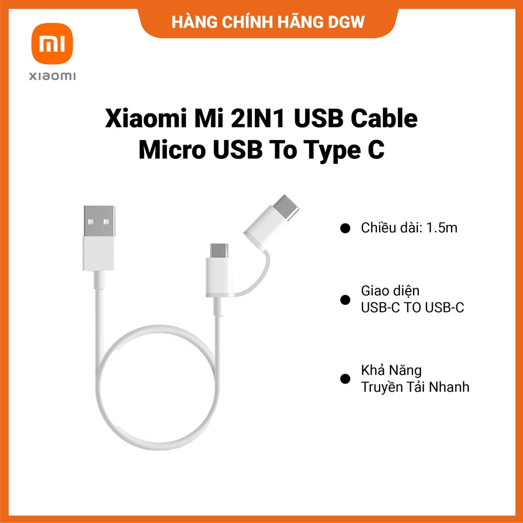 Hàng chính hãng Digiworld | Dây Cáp Sạc XIAOMI MI 2IN1 USB CABLE MICRO USB TO TYPE C | Khả Năng Truyền Tải Nhanh| 2.4A