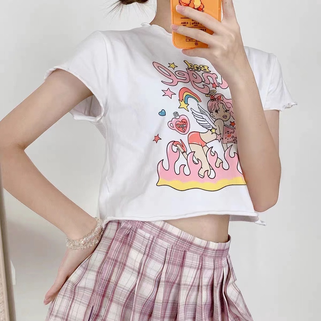 Áo thun croptop tay dài cổ tròn in họa tiết hoạt hình thời trang cho nữ