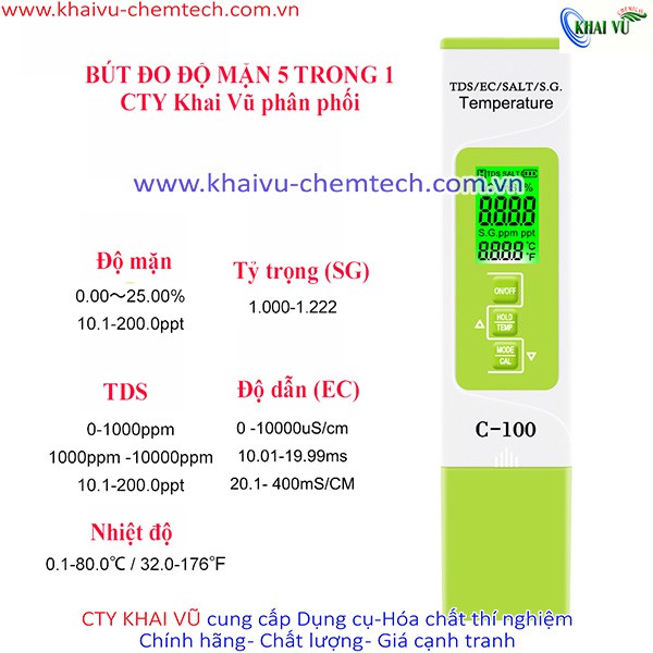 Máy đo ĐỘ MẶN, TDS, EC, TỶ TRỌNG, NHIỆT ĐỘ kiểm tra chất lượng nước 5 trong 1 (C100)