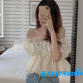 Áo Croptop Trễ Vai Tay Phồng Ngắn Màu Trơn Thời Trang Cho Nữ