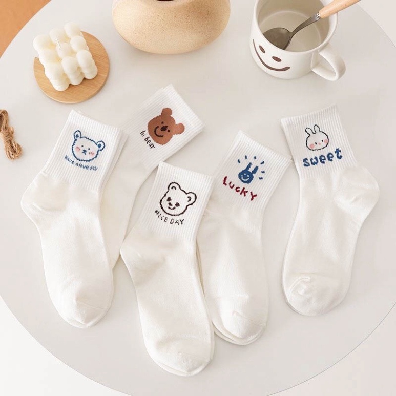 Set 5 Tất gấu trắngFREESHIPvớ cổ cao hoạ tiết hình đáng yêu chất liệu vải cotton co giãn bốn chiều