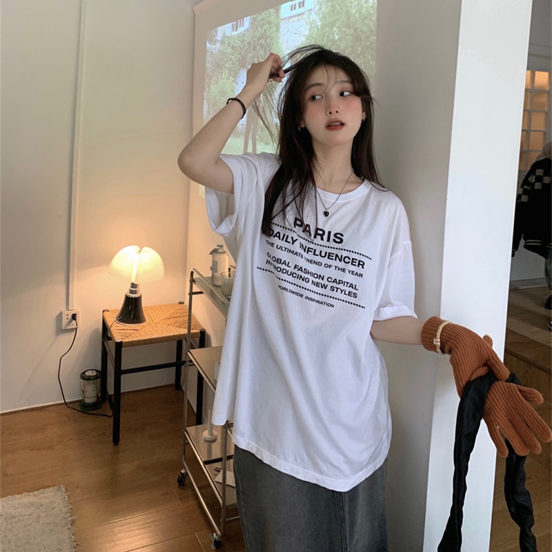 Áo Thun Tay Ngắn Form Rộng In Chữ Kiểu Dáng Đơn Giản