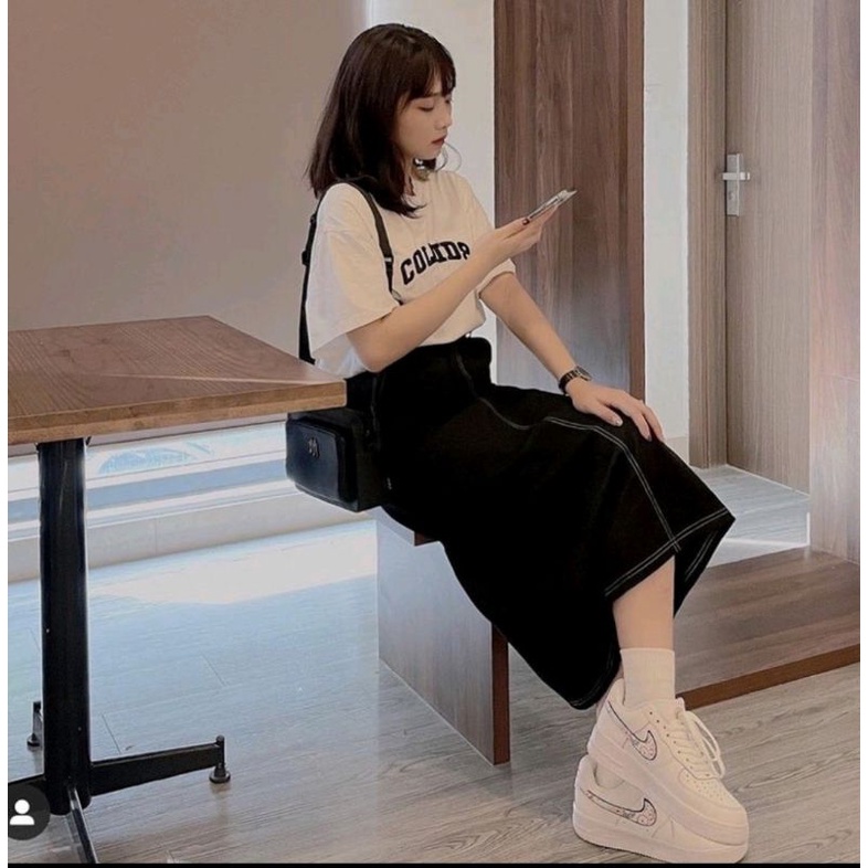 chân váy jean đen dáng dài viền chỉ nổi unzzang-chân váy dài demin dáng dài sẻ tà