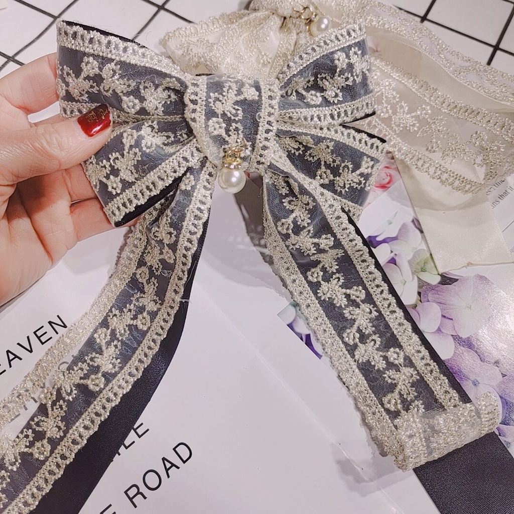 Kẹp tóc hai nơ ren Hàn Quốc Nữ thiết kế kẹp mùa xuân Phong cách cung điện cổ điển