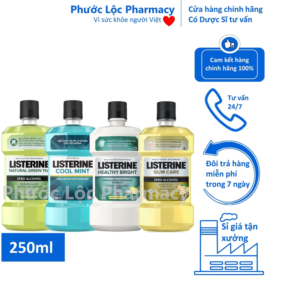 Nước súc miệng Listerine 250ml / Listerin Cool Mint , Gum Care Gừng , Trà Xanh , Chanh Muối