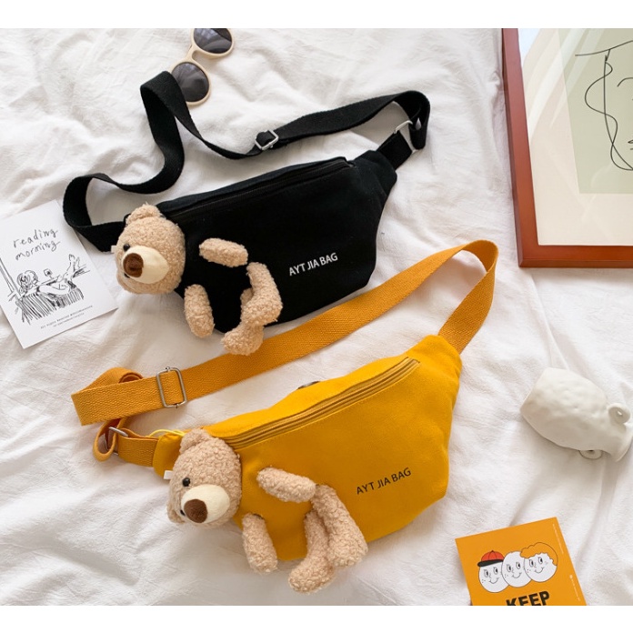 Túi bao tử canvas đeo chéo kèm gấu bông Teddy xinh xắn