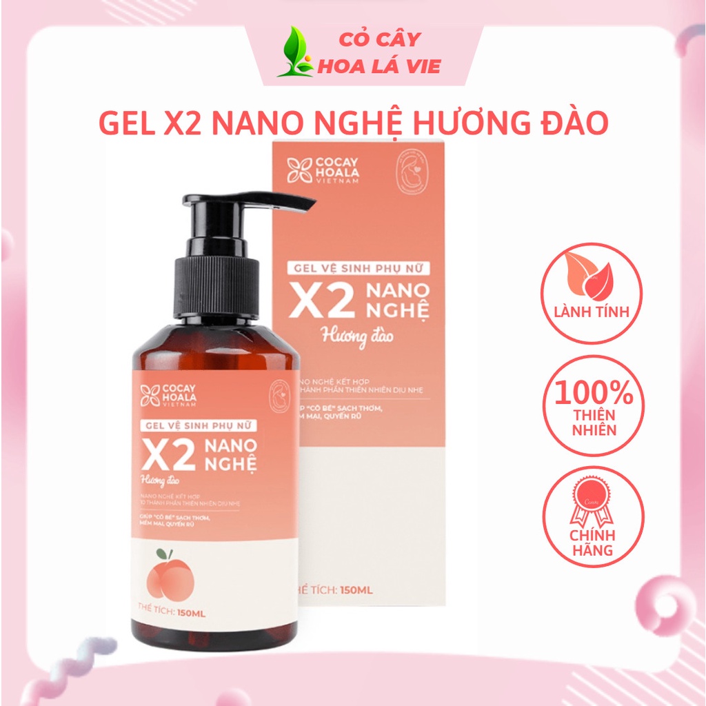 Dung dịch vệ sinh Phụ nữ Gel X2 Nano Nghệ Hương Đào Chín - Hồng Mịn Mềm Mại Cocayhoala - 150ml