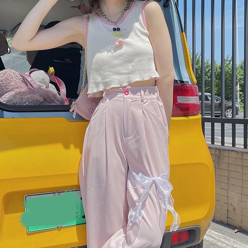 Jiashucheng Waffle Áo Thun Nhỏ Hai Dây Thêu Họa Tiết Cherry Phong Cách Nhật Bản Ngọt Ngào Dành Cho Bạn Nữ Mặc Bên Trong