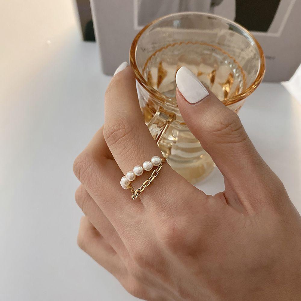 USNOW Nhẫn Hở Phối Dây Xích Kiểu Hình Học Đơn Giản Phong Cách Punk Cá Tính Cho Nữ