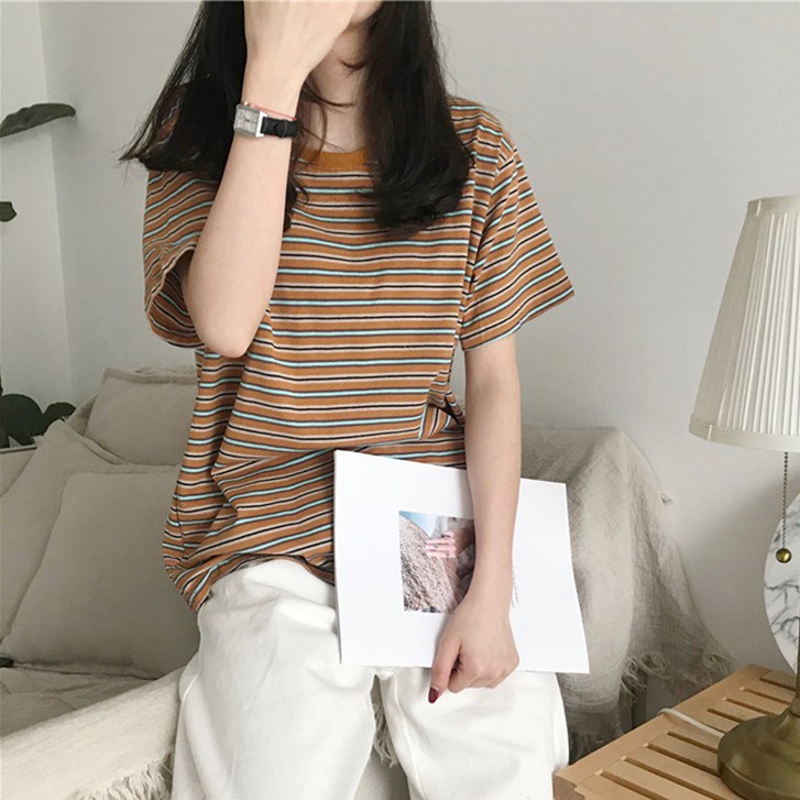 Áo Thun Lửng Ôm Dáng Tay Lửng Cổ Tròn Họa Tiết Kẻ Sọc Cầu Vồng Thời Trang Cho Nữ