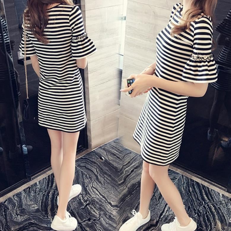 Váy đầm thun dáng suông kẻ ngang tay loe hàng Quảng Châu chất đẹp TT&GĐ  ྇