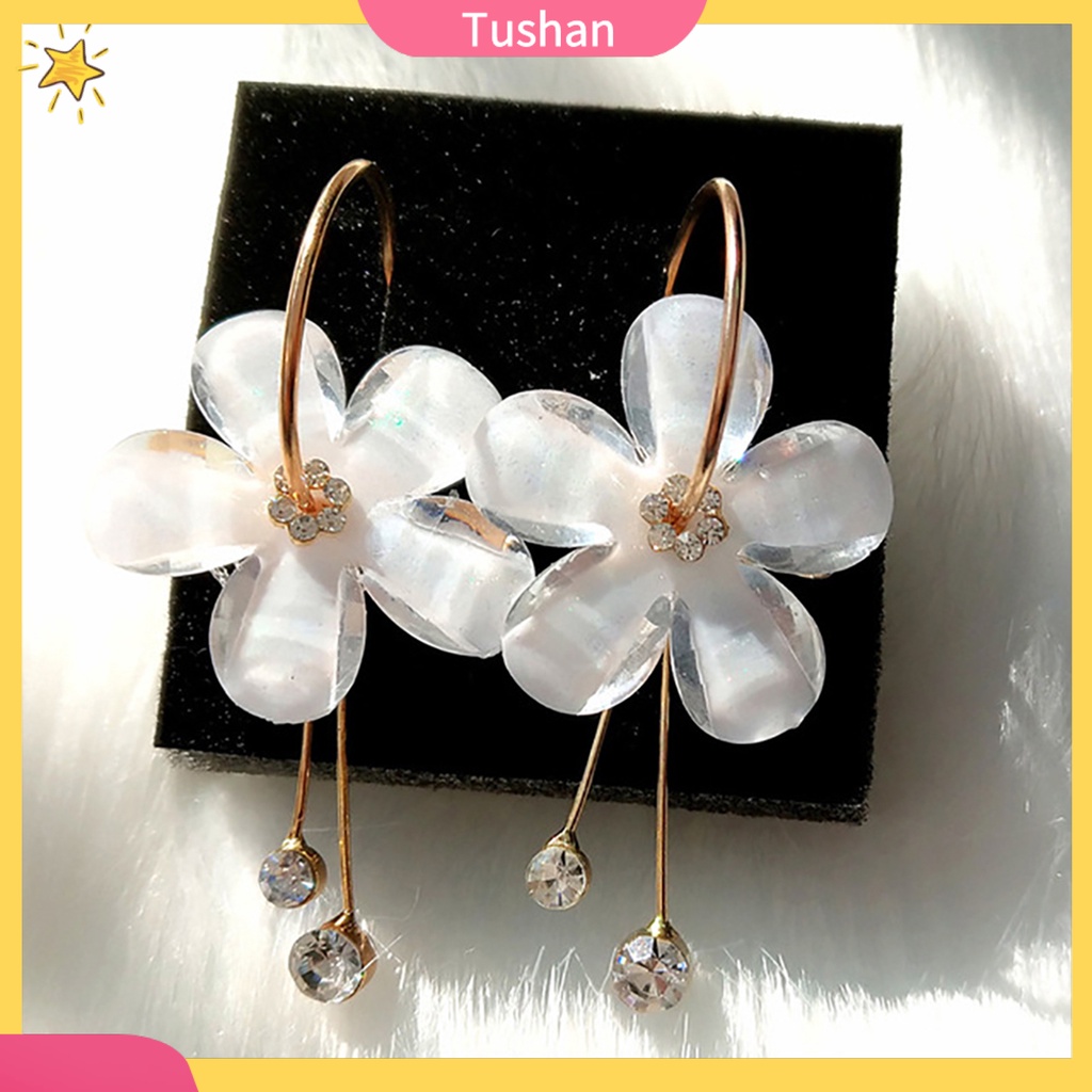 Khuyên tai dài hình hoa đính đá phong cách Hàn Quốc