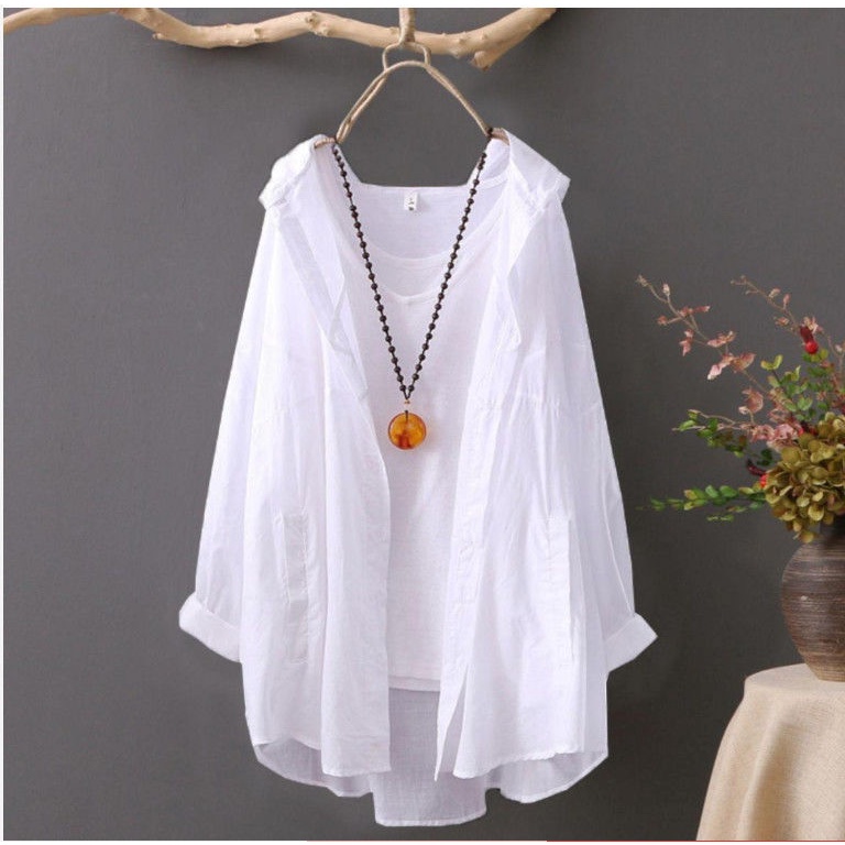 Áo Sơ Mi Trắng Dáng Rộng Tay Dài Có Mũ Trùm Đầu Chống Nắng Mùa Hè Hàng Mới Dành Cho Bạn Nữ 2021 | BigBuy360 - bigbuy360.vn