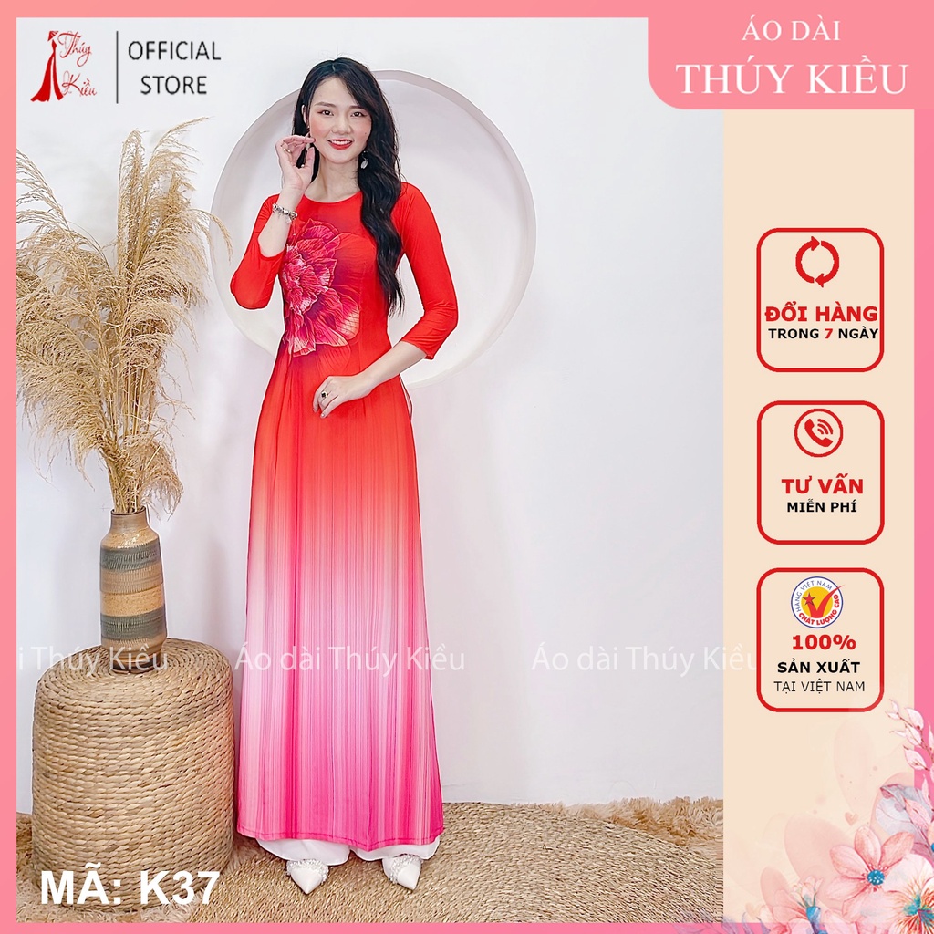 Áo dài nữ truyền thống thiết kế may sẵn tết cách tân nữ nền đỏ cam K37 Thúy Kiều mềm mại co giãn áo dài giá rẻ