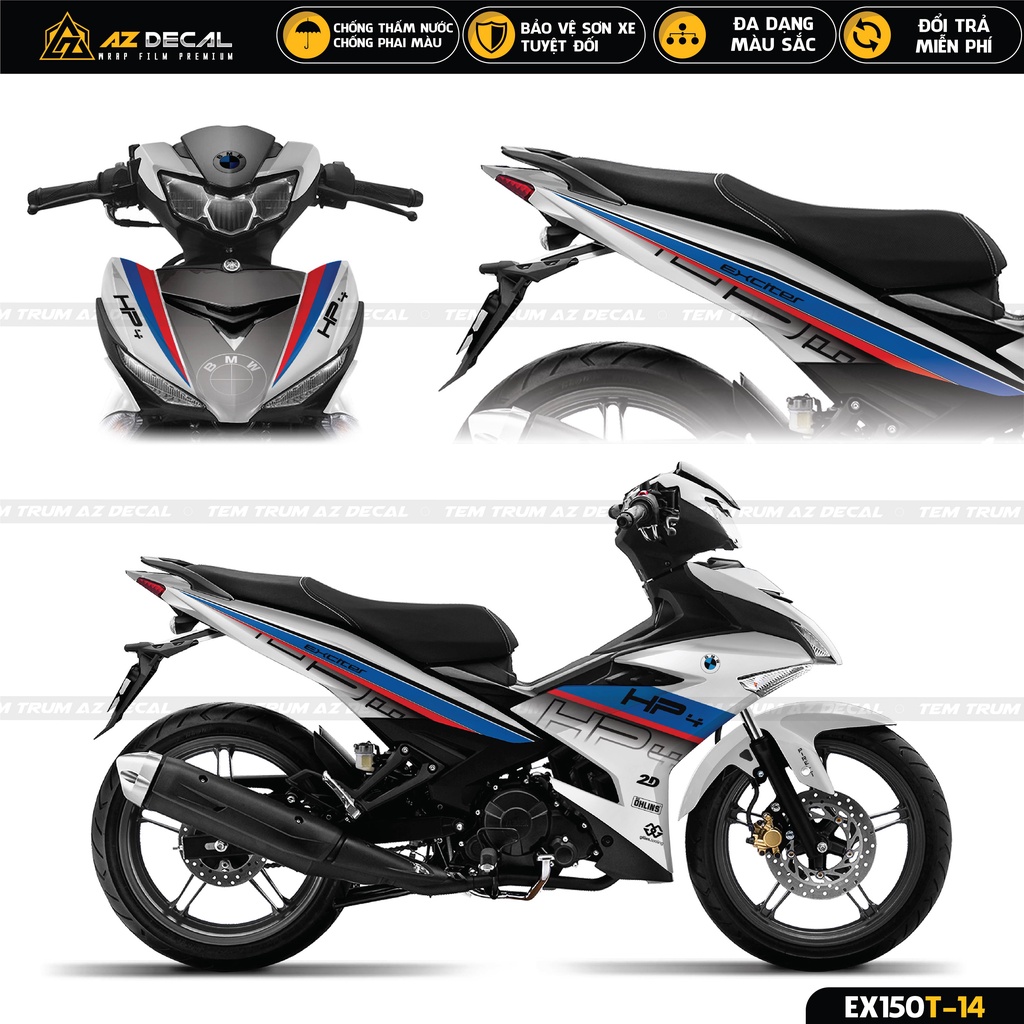 Tem Trùm Exciter 150 Mẫu HP4 Chìm Nổi | EX150T-14 | Decal Chế Dán Ex 150 Đẹp Màu Đen, Trắng, Xanh GP