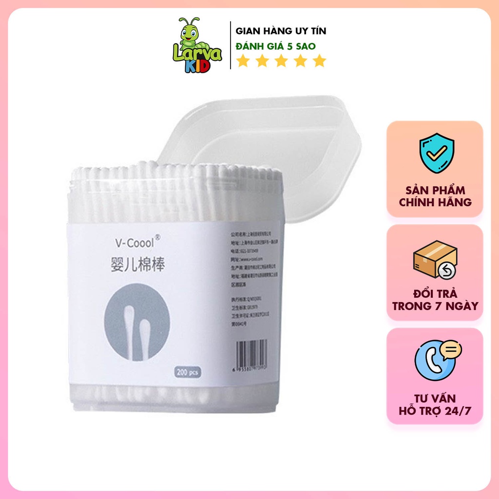 Hộp tăm bông VCOOOL vệ sinh tai mũi họng cho bé 200 que được làm từ bông tự nhiên cao cấp - LARVA KID