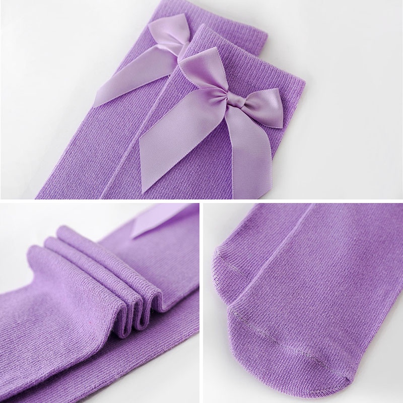 Vớ Cotton Mềm Cổ Cao Qua Gối Màu Trơn Đính Nơ Giữ Ấm Mùa Đông Cho Bé Gái