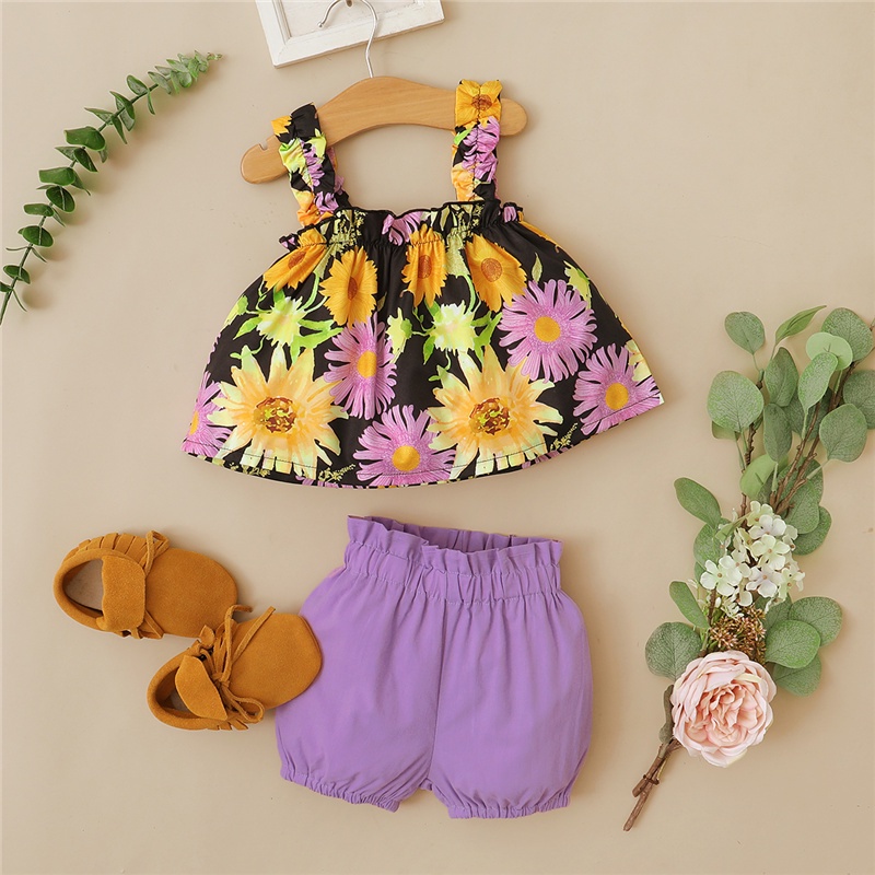 Set đồ Mikrdoo gồm áo 2 dây in hoa + quần short thời trang hè đơn giản cho bé gái 1-6 tuổi