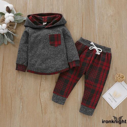 Bộ Áo Hoodie Dài Tay + Quần Dài Sọc Caro Cho Bé Trai