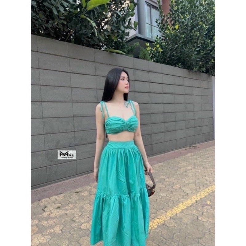 Set Bikini đi biển, Set croptop 2 dây nhún ngực nơ chân váy xòe tầng đi biển sexy