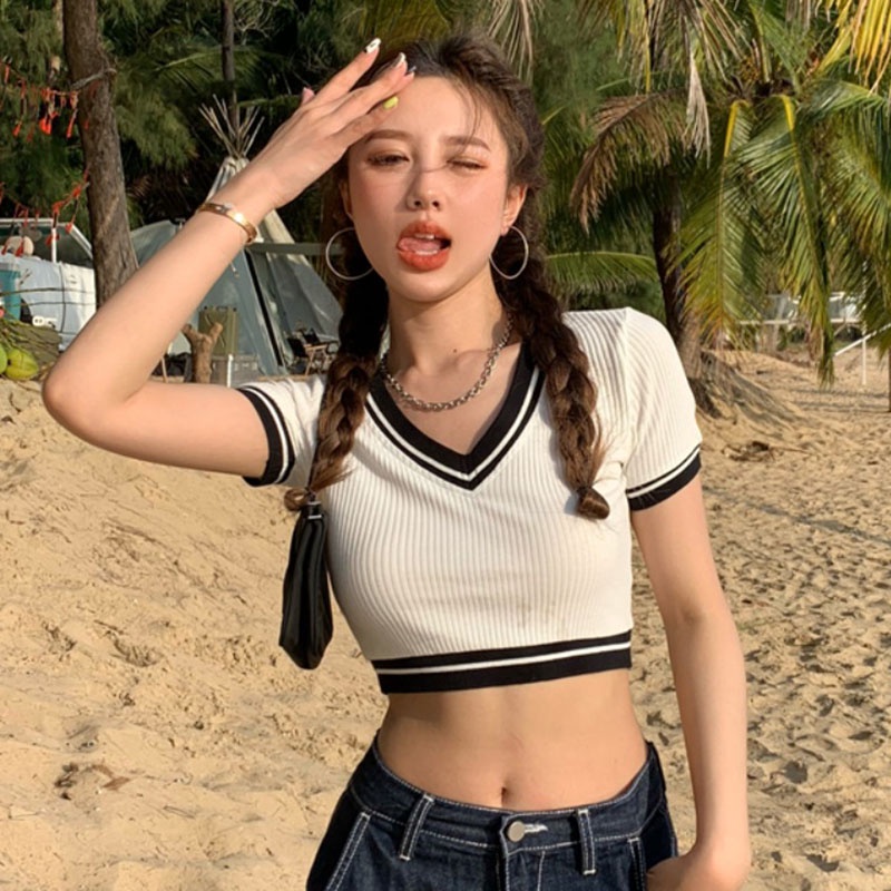 Áo thun ZHELIHANGFEI tay ngắn cổ chữ V phong cách Hàn Quốc thời trang xuân trẻ trung cho nữ