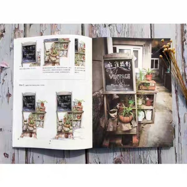 Tập tranh màu nước kí họa khung cảnh dễ thương