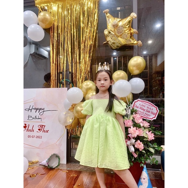 Váy kiểu tay bồng Dewkids, Váy cho bé thắt nơ hàn quốc chất thô mền hàng thiết kế