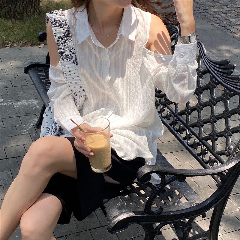 SUXI Áo Kiểu Tay Dài Trễ Vai Phối Nút Phong Cách Hàn Quốc Cho Nữ