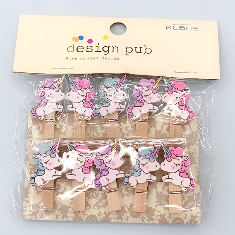 SET 10 Kẹp Gỗ Sơn Design Pub hình Ngựa Unicorn Cute (Tặng dây cói)