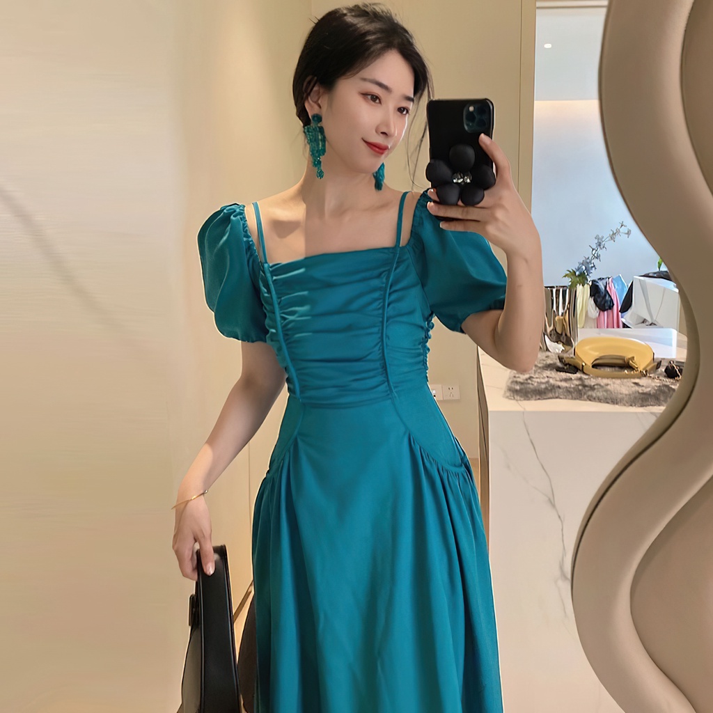 Đầm dự tiệc nữ dáng dài trễ vai nhún ngực màu xanh DN60 - Sunstore