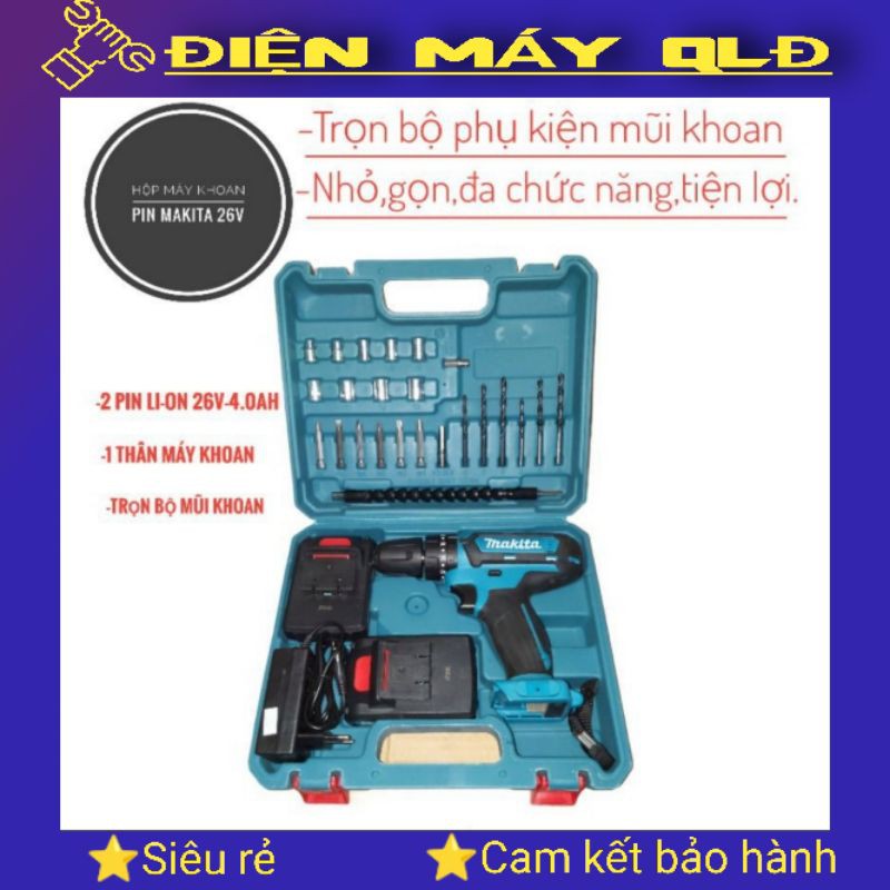 [Tặng bộ 24 mũi khoan].Máy khoan pin Makita 26v-3 chức năng-Nhỏ,gọn,tiện dụng