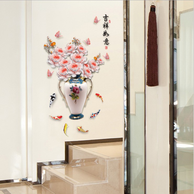 Decal trang trí tường - Chậu Hoa MẪU ĐƠN HỒNG TRẮNG NHẠT 3D quý phái sắc màu