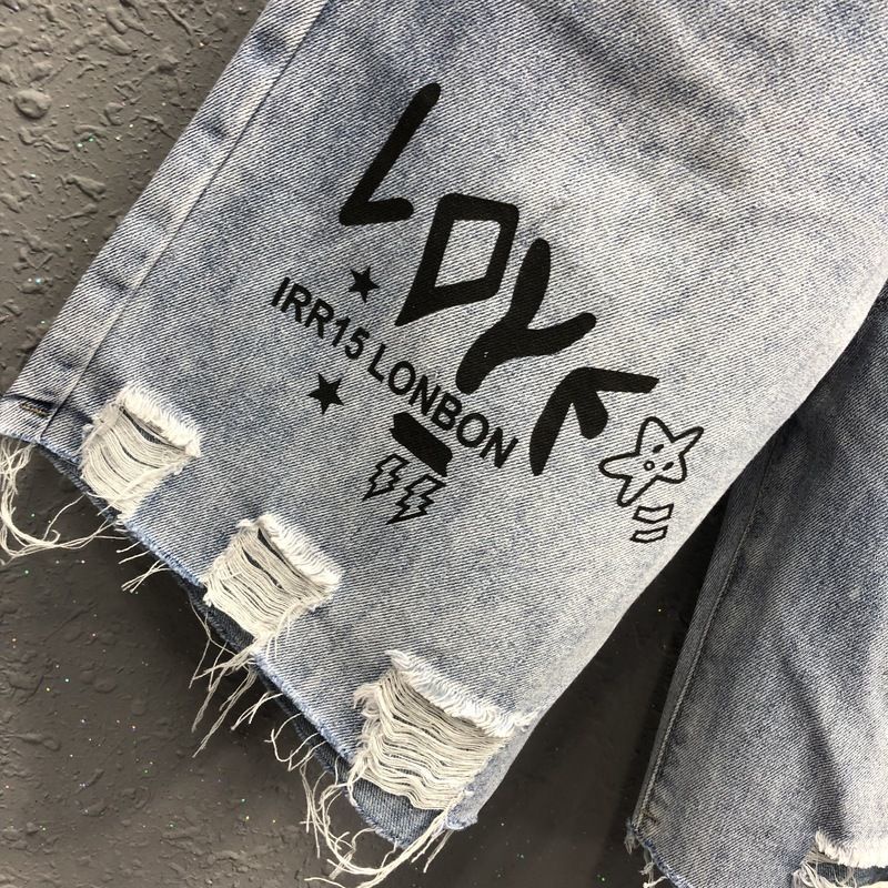 Mickey stickers tattered cropped jeans women's summer high waist versatile straight pants fashion cartoon pattern pants