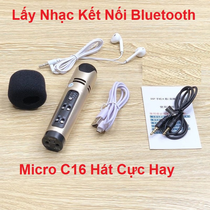 Bộ Micro C16 Bluetooth, Giá Đỡ Đèn 3in1, Tặng Tai Nghe - Combo Mic C16 Livestream Hát Karaoke Giả Giọng Cực - New 2022