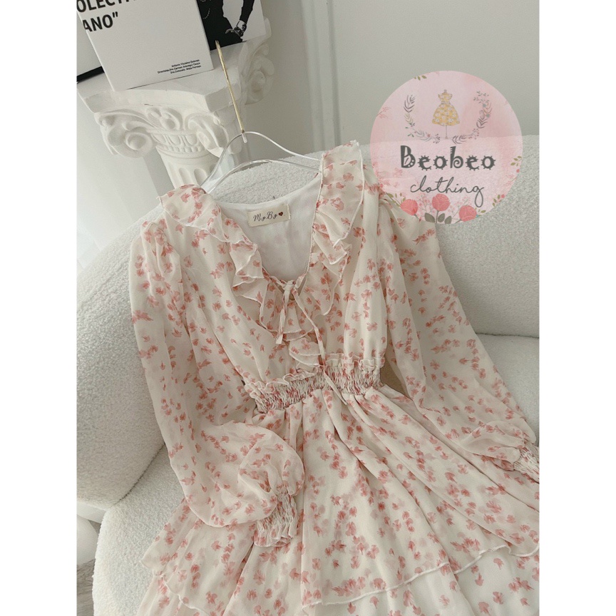 Đầm voan hoa nhí cổ v bèo tay bo xoè tầng vintage
