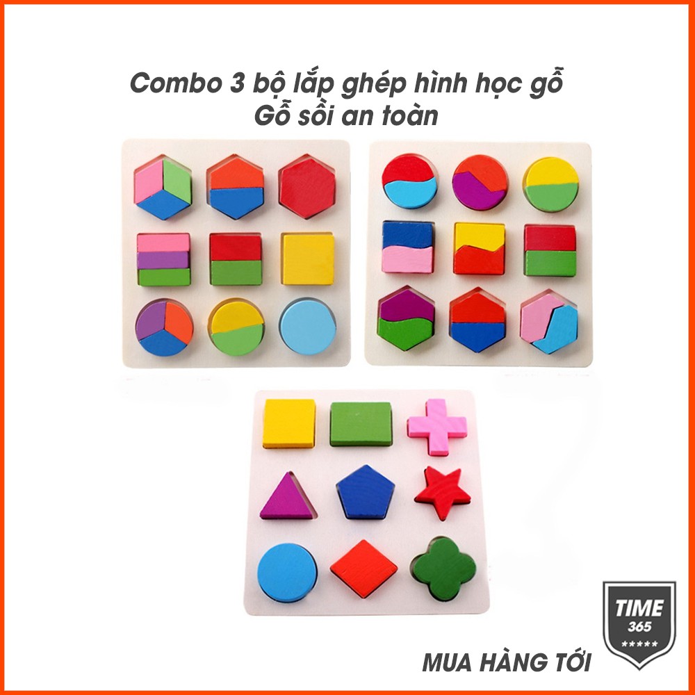 Combo 3 bộ lắp ghép hình học gỗ - đồ chơi gỗ giáo dục an toàn cho bé
