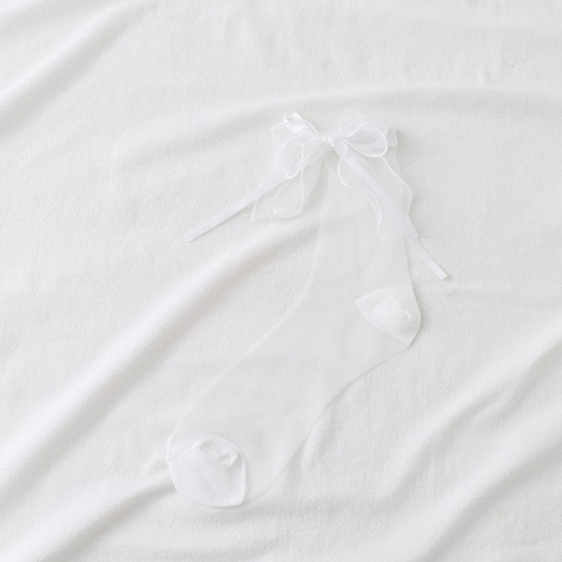 Tất Lưới Phối Ruy Băng Thủy Tinh Siêu Mỏng Trong Suốt Phong Cách Lolita Nhật Bản