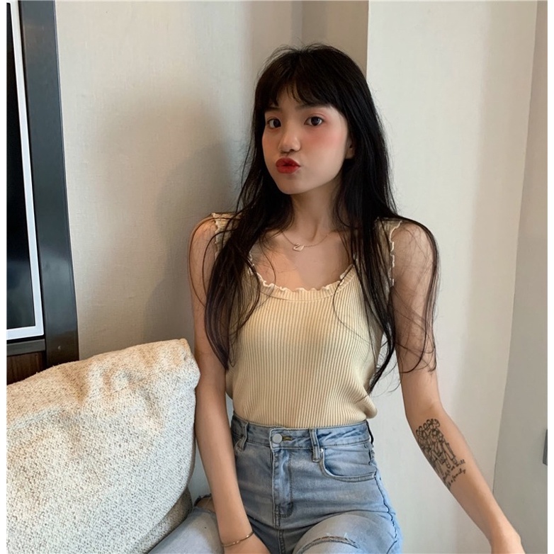 Urihouse - Áo tanktop viền xoắn màu đen, màu kem, màu trắng croptop