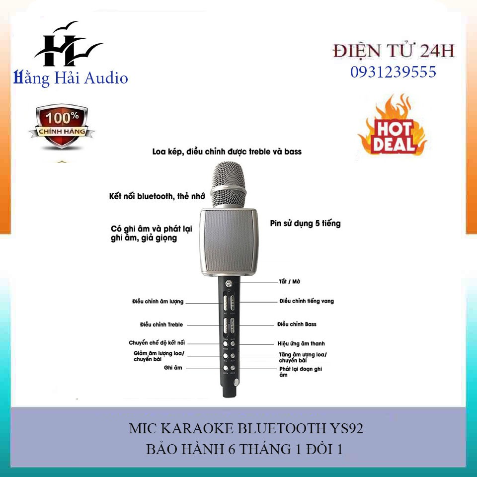 CHÍNH HÃNG Micro Karaoke Bluetooth Cao Cấp SU YOSD YS-92 hỗ trợ ghi âm pass cực vang