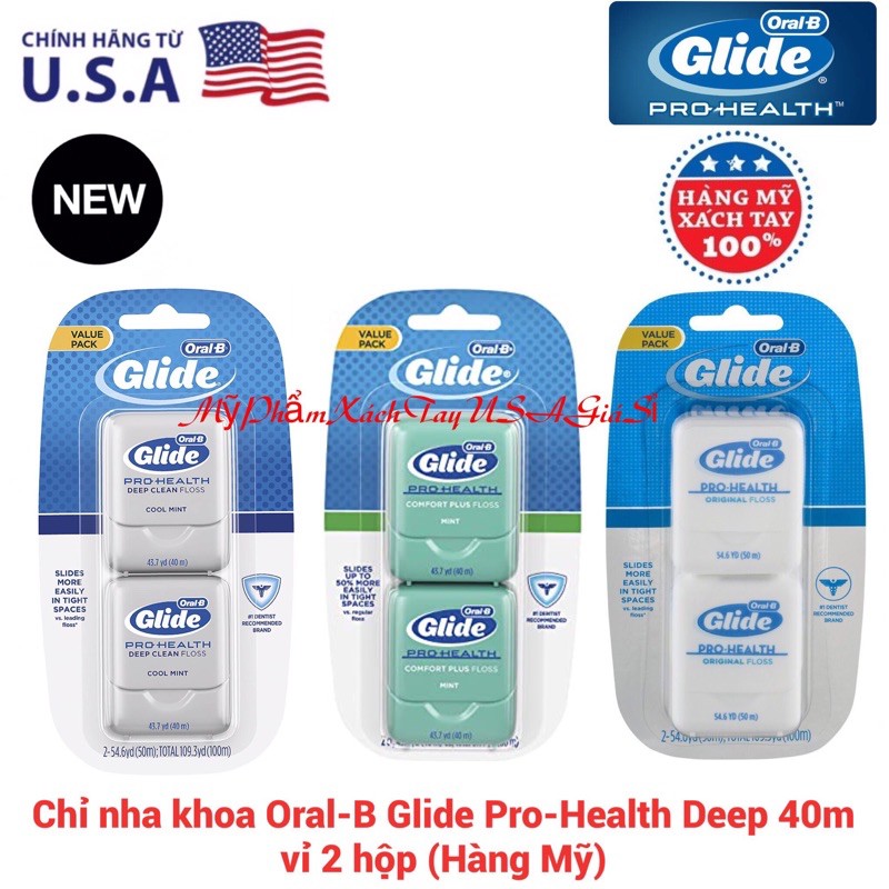 Chỉ nha khoa Oral-B Glide Pro-Health Deep Clean Floss Cool Mint 40m vỉ 2 hộp (Hàng Nhập USA)