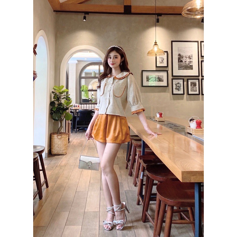 Set áo croptop phối viền kèm quần short ngắn xinh xắn dễ thương XUONGMAYHB | BigBuy360 - bigbuy360.vn