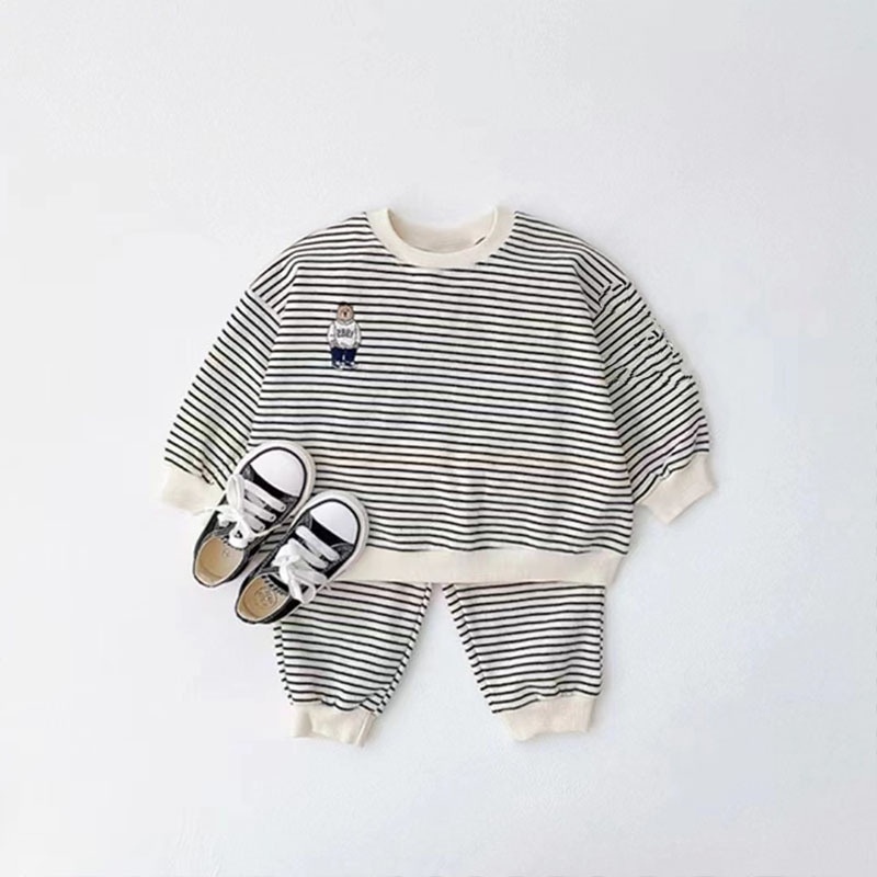 Set Đồ Thể Thao Hai Mảnh Gồm Áo Sweater Kẻ Sọc Và Quần Dài In Hình Gấu Hoạt Hình Phong Cách Hàn Quốc Thời Trang Xuân Thu Cho Bé Gái 80VC