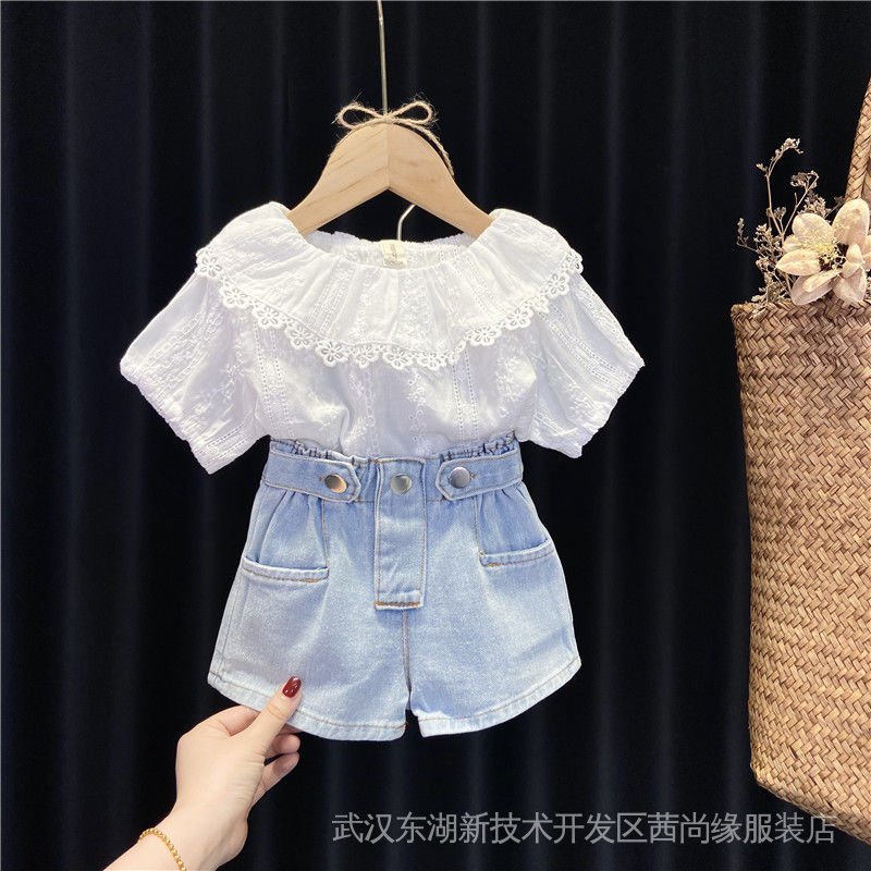 Set Áo Thun Ngắn Tay + Quần Short Denim Phong Cách Hàn Quốc Dễ Thương Cho Bé Gái 1-4 Tuổi
