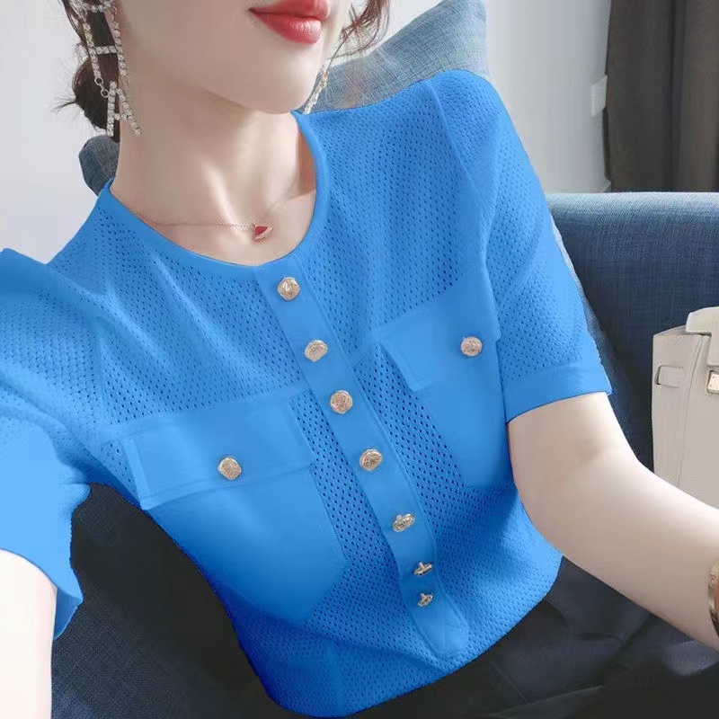 Áo Thun Dệt Kim Tay Ngắn Dáng Rộng Đục Lỗ Thời Trang Mùa Hè Hàn Quốc Cho Nữ H4477