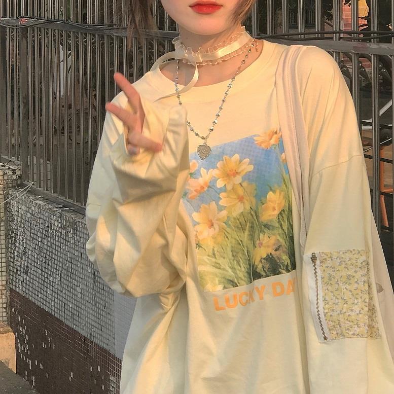 Mới Áo Thun Tay Dài Dáng Rộng In Hình Tranh Sơn Dầu Độc Đáo Hợp Thời Trang