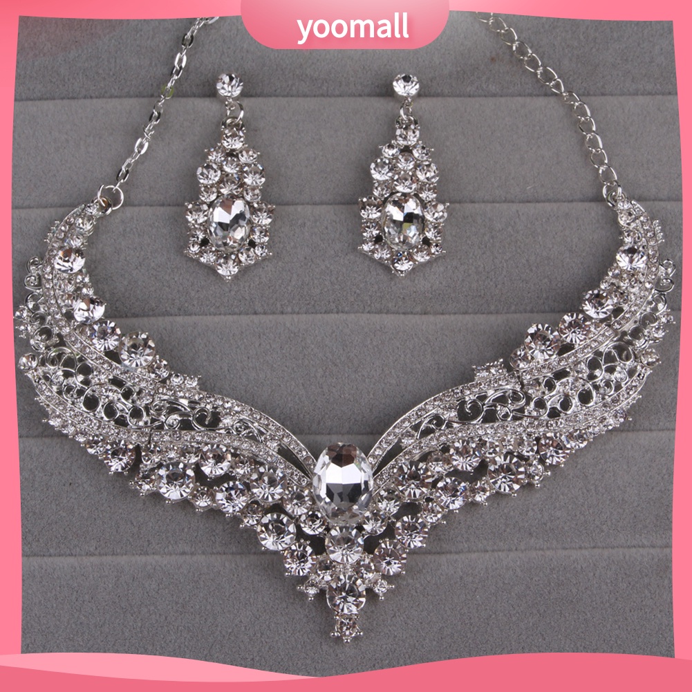 Bộ Vòng cổ + Bông Tai Đính Đá Sáng Bóng Cho Cô Dâu