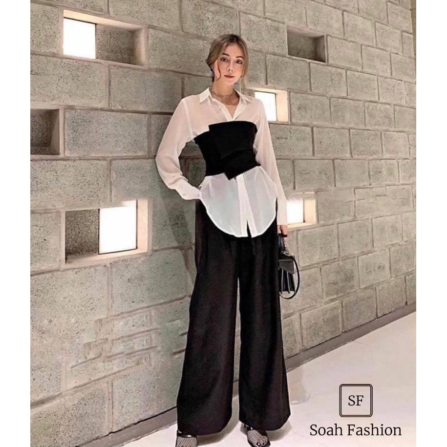 Set Áo Sơ Mi Trắng + Áo Ống Đen (Set Rời) ❤️ Áo sơ mi lụa nữ tay dài công sở hàn quốc thiết kế, áo ống lưng chun co giãn | BigBuy360 - bigbuy360.vn